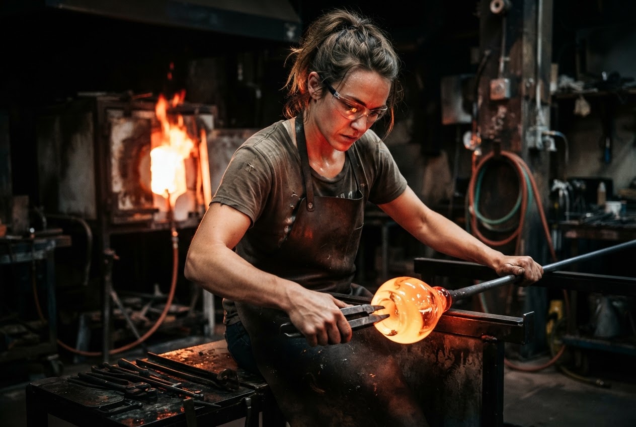 Dia Piper glassblowing in the studio